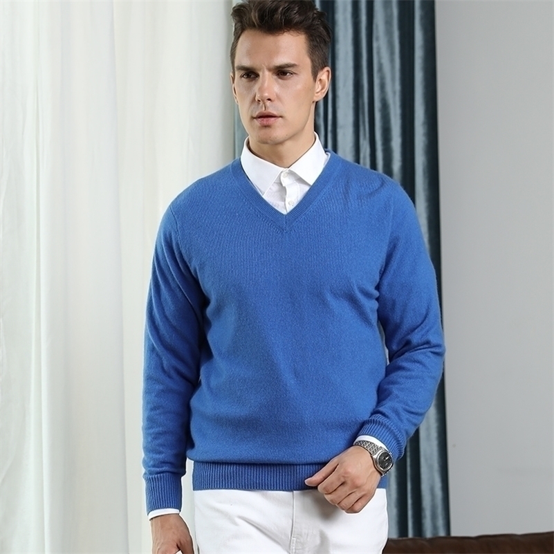 

100% Real Cashmere Knitted Sweaters Men Vneck Pullovers 9Colors Standard Clothes Male Jumpers High Quality Man Sweater Knitwears 201201, Beige