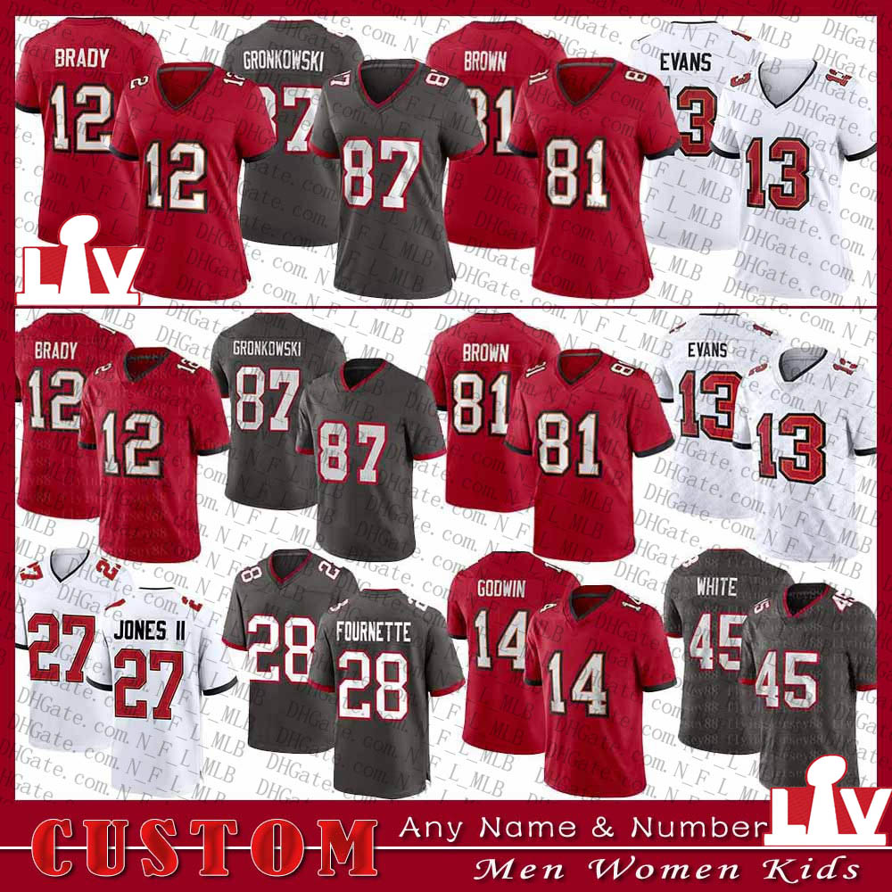 

12 Tom Brady Football jersey 87 Rob Gronkowski 81 Antonio Brown Mike Evans Chris Godwin Devin White Leonard Fournette Custom Men Women Kids Tampa Bay Buccaneer, Shown