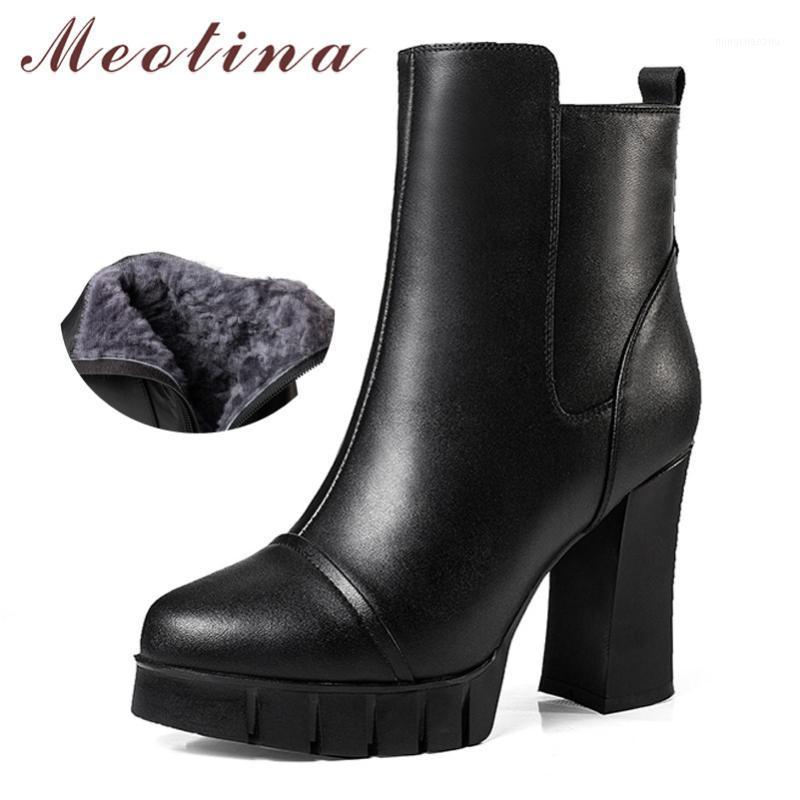 

Meotina Winter Snow Boots Women Natural Genuine Leather Zip Thick Heels Ankle Boots Warm Wool Super High Heel Shoes Lady Size 391, Black