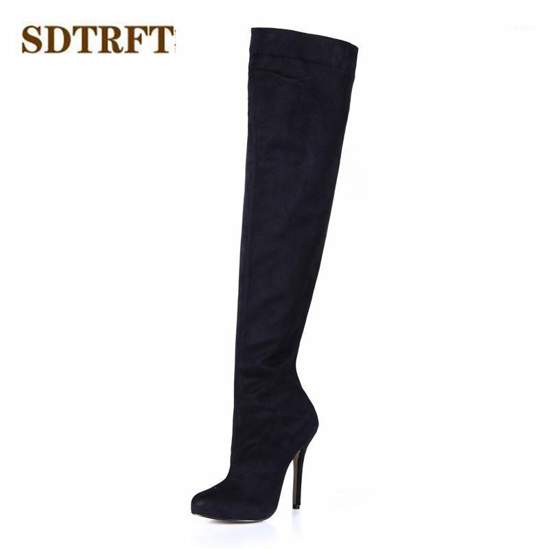 

SDTRFT Spring Autumn Fashion botas mujer 12cm thin heels Over The Knee boots Motorcycle shoes Woman Party Flock pumps Plus:35-431, Black
