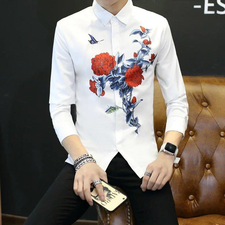 

Club Mens Floral Character 3D Slim Fit Flowers Printed Shirt Cotton Blend White Tops Boys Blouse F67, W604