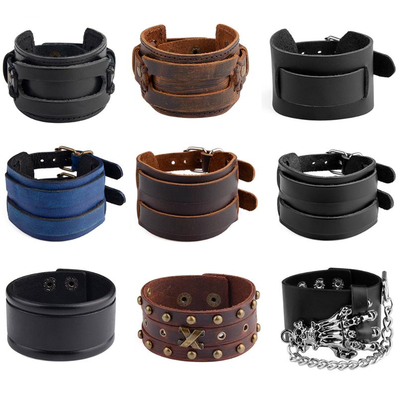 

Chanfar Hot selling Fashion Punk Rivet Wide Leather Bracelets For Men Women Cuff Vintage Rock Jewelry