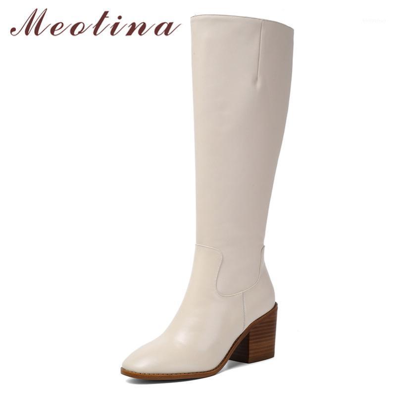 

Meotina Winter Knee High Boots Women Natural Genuine Leather Thick High Heel Riding Boots Zipper Round Toe Shoes Ladies Size 391, Beige