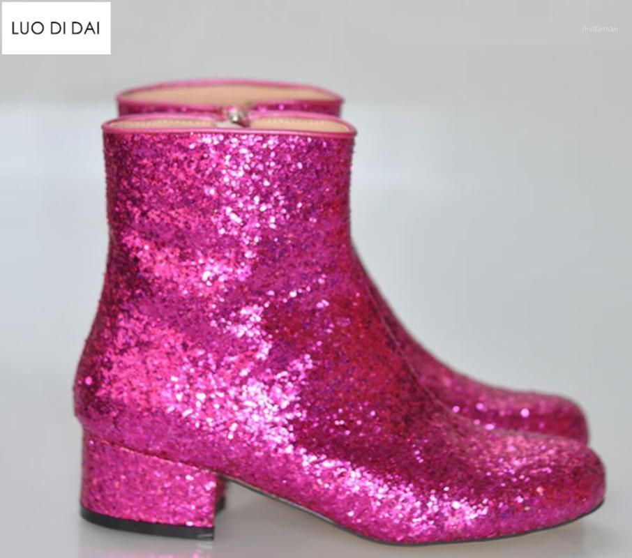

2020 spring fashion women boots zip up sequin boots women bling ankle booties chunky heel hot pink ladies dress shoes1, Blue