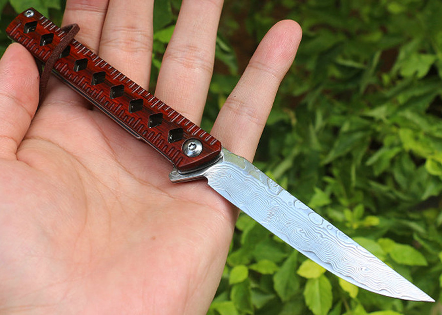 

3.35" VG10 Damascus Steel Blade Flipper Folding Knife Rosewood + Stainless Steels Sheet Handle EDC Pocket Gift Knives