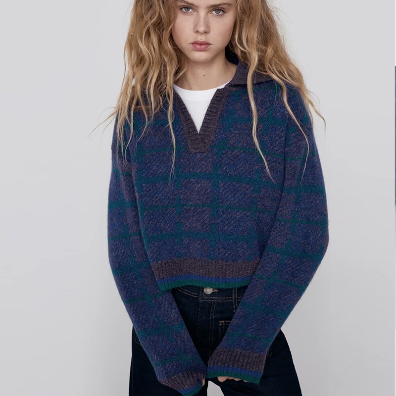 

2021 New Autumn Winter Women Sweaters Soldier Collar Pullovers Plaid Printed Warm Long Sleeve Vintage Top Lady Sweater 179b