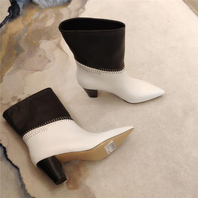 

Women Ankle Boots Mixed Colors Autumn Spike High Heels Slip On Pointed Toe Ladies Shoes Bota Feminina Rivet Booties1