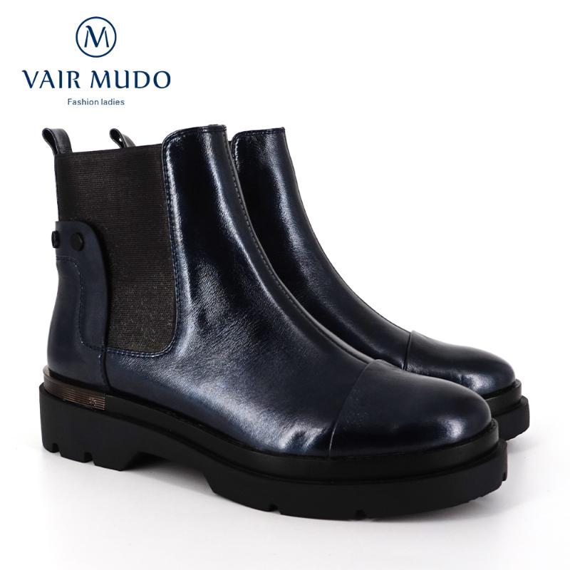 

VAIR MUDO Ankle Boots Shoes Women Thick bottom Shoes Women Genuine Leather Low Heels round toe Blue Short Plush Female DX33, Black