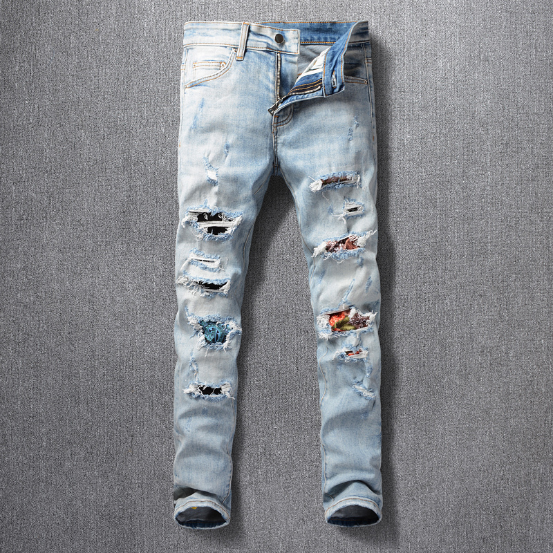 

2021 New American Streetwear Fashion Men Light Blue High Quality Patches Designer Ripped Jeans Elastic Slim Fit Hip Hop Pants Homme Lq6q