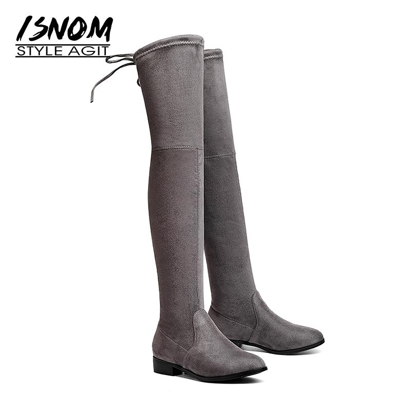 

ISNOM Square Low Heel Woman Stretch Fabric Over The Knee Boots Women Shoes 2020 New Winter Ladies Motorcycle Boots Size 34-43, Khaki