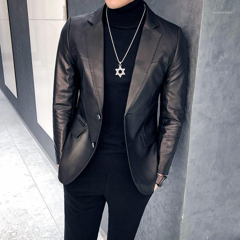 

and the leather leather coat male 2021 new fashion coat of cultivate morality suit collar men's clothing in winter1, Black