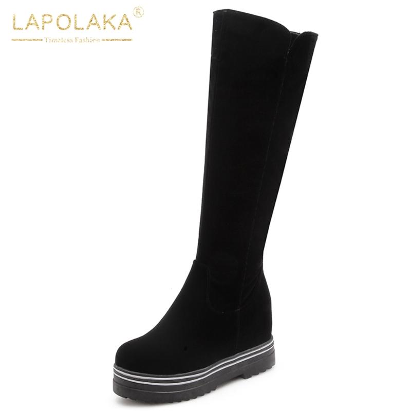 

Lapolaka 2020 Fashion New Platform Zipper Shoes Ladies Boots Woman Height Increasing Solid High Quality Knee High Boots Female, Black