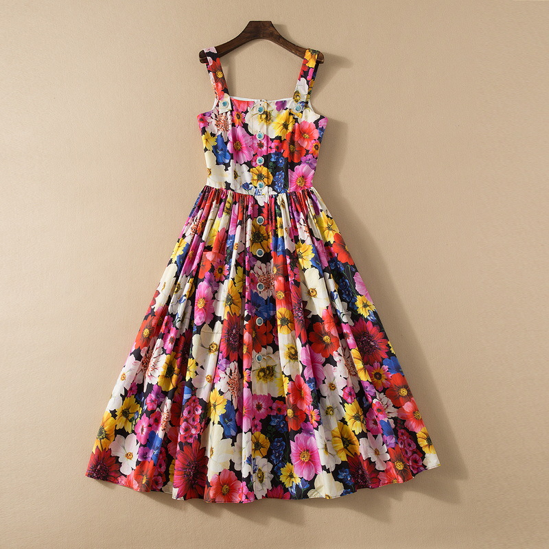 

European and American women' wear spring 2022 new Condole belt Floral print Fashionable cotton pleated dress, Multi