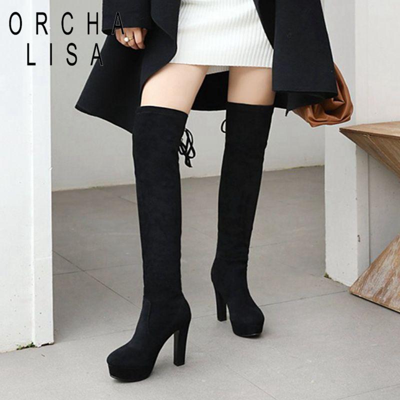 

ORCHA LISA 2020 Suede knee high boots elastic long boots platform Women knee winter spring black lace up high block heels, Black no fur inside