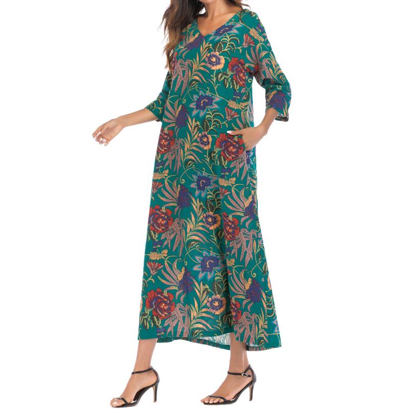 

Ankle-Length Dress Printing Floral Dresses Linen Causal Loose Dress Three Quarter Sleeve V-Neck Empire Sukienki, Green