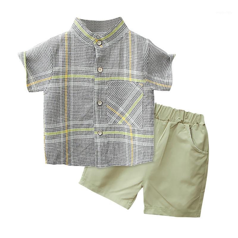 

Summer Baby Boys Clothes 2PCS Casual Short Sleeve Striped Plaid Print T-shirt Tops+Shorts Costume Set1