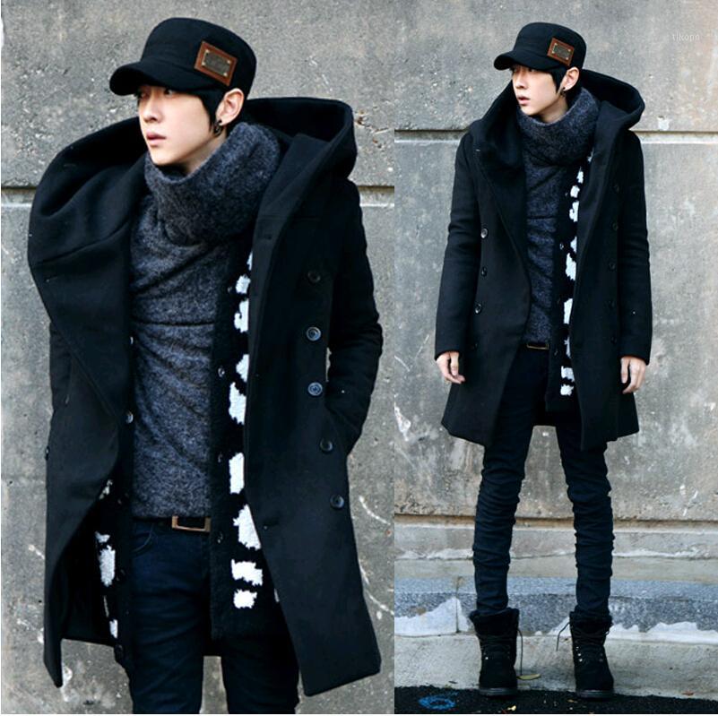 

Wholesale- Men Overcoat,Grey Black Navy Blue 2016 Fashion Cheap Mens Pea Coat With Hood Double Breasted Long Wool Trench Coat1