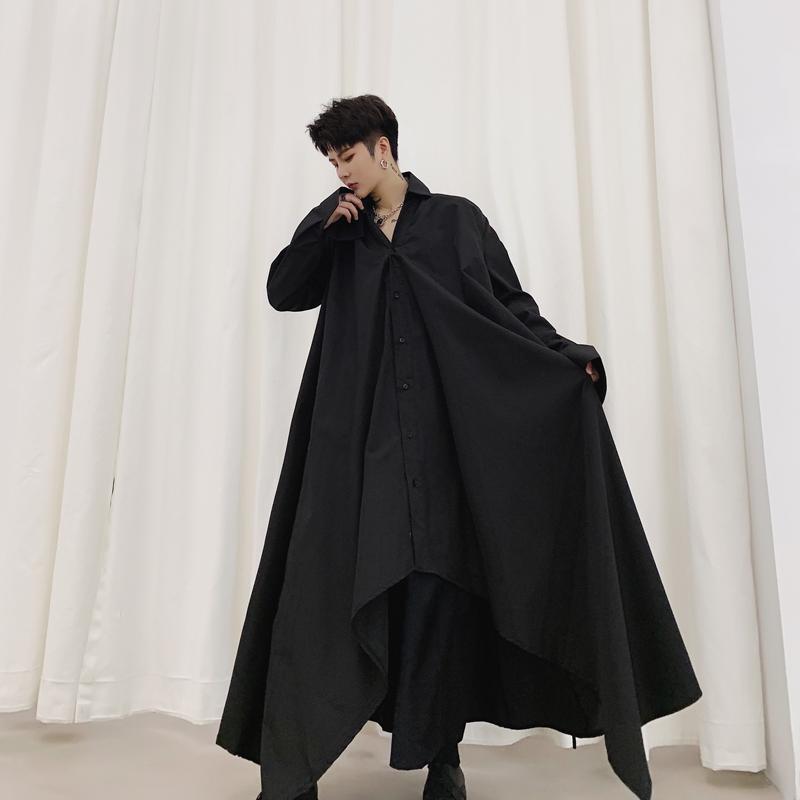 

Men Long Sleeve Black White Irregular Rope Shirt Dress Male Women Streetwear Vintage Gothic Long Style Japan Kimono Robe Shirt