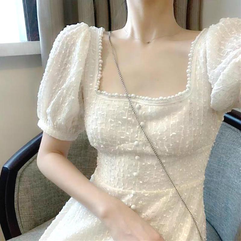 

Vintage Fairy Dress Women French Style Chiffon Mini Dress Casual Square Collar Hepburn Style Korean Kawaii Women 2020 New, Beige