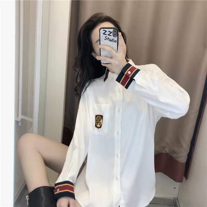 

2021 New White Blouse Spring Fashion Short Sleeve Full-style Preppy Chic-striped Loose Breasted Peter Pan Collar Shirt YKNM