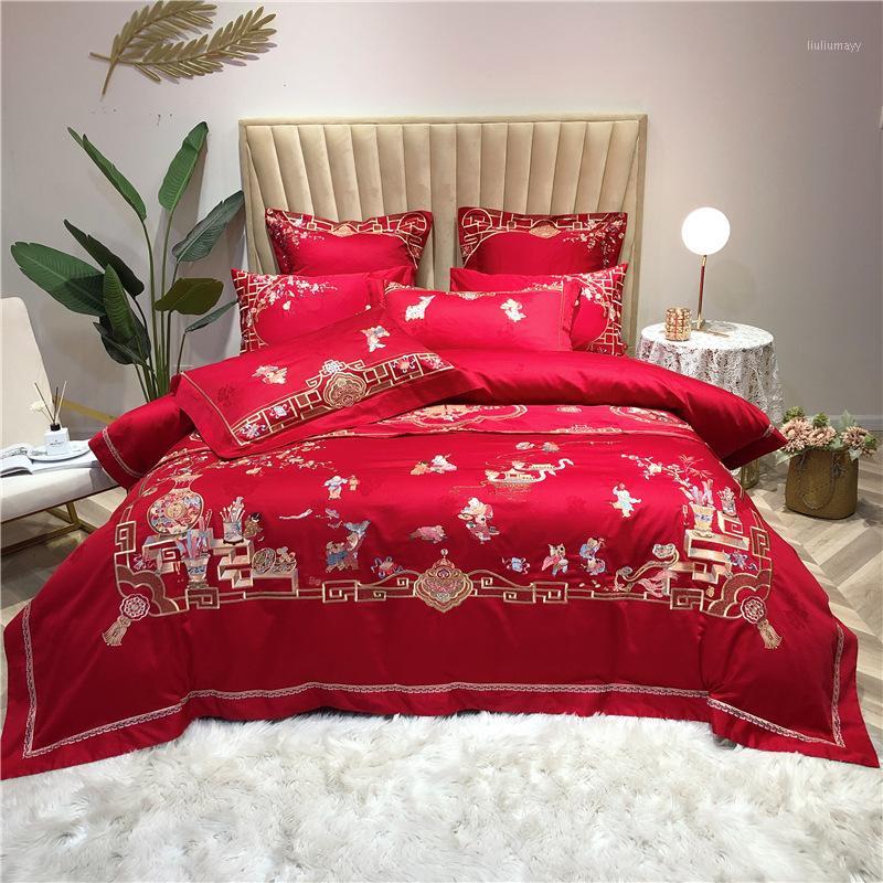 

Chinese Style Four-Piece Set of 100 Cotton Embroidery Flowers Bedding set comforter bedding sets king duvet cover1, Red