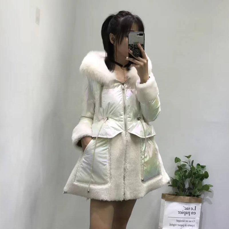 

90%white duck down jacket hooded with natural real fur genuine sheep fur coat long skirt style pink parka patchwork overcoat