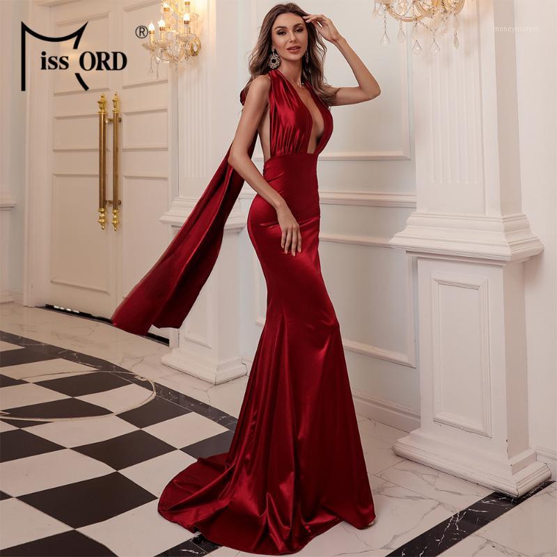 

Missord Sexy Deep V-neck Evening Party Dress Sleeveless Summer Maxi Dress Solid Color Floor-length Women Satin FT5035-11, Burgundy