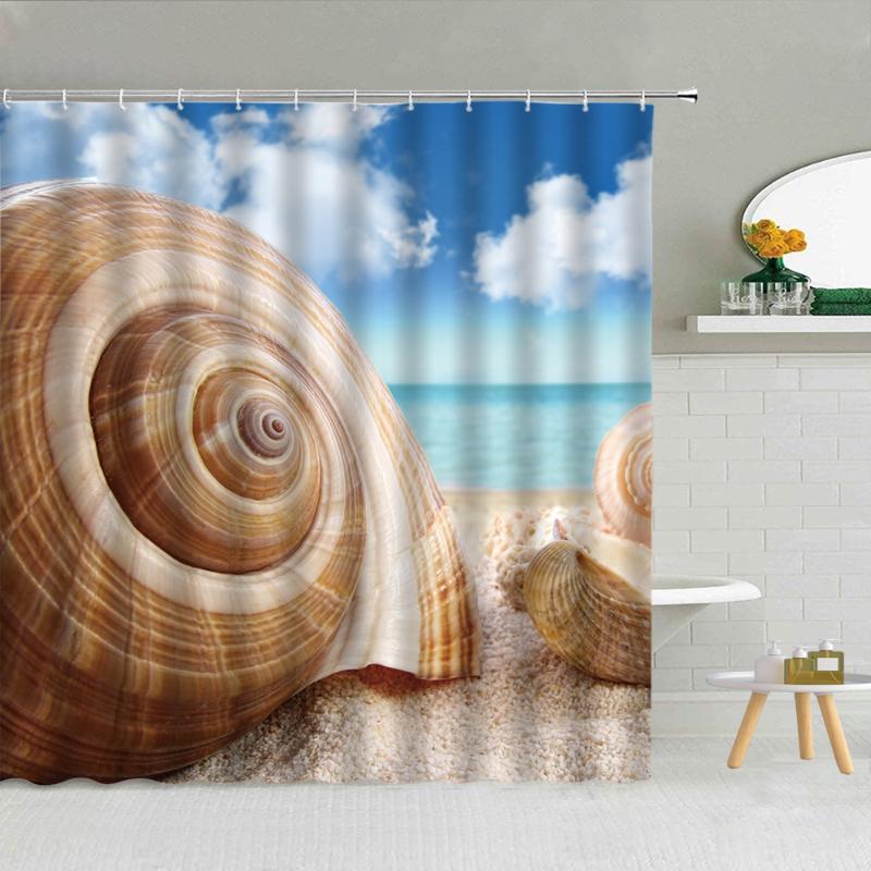 

Conch Shell Beach Scenery Shower Curtain Starfish Slippers Ocean Landscape Bathroom Decor Sea View Backdrop Waterproof Curtains