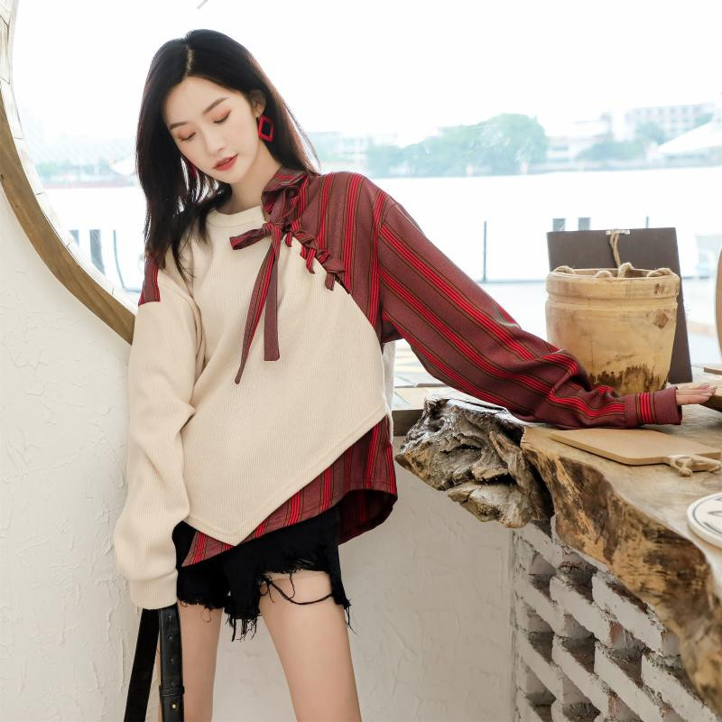 

2021 Female Shirt Drops High Street Two Autumn Tops New Niche Design Vintage Shreds Stripped Pullovers EMK7, Multi