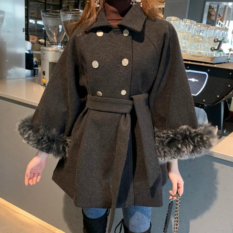 

Wool Coat Women Double Breasted Ladies Elegant Temperament Womens Clothing Adjustable Waist Korean Fashion Winter Clothes chic, Black
