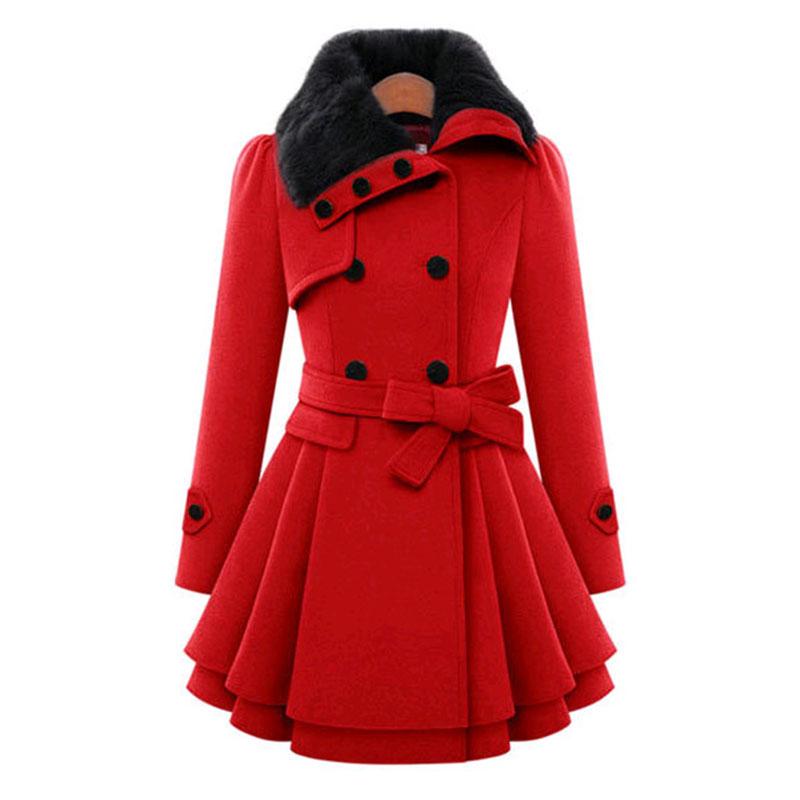 

Woolen Coat Double Breasted Lapel Long Coat Female Thicken Autumn Winter Slim Belt Pleated Trench Coats Lady Fur Collar Peacoat, Black