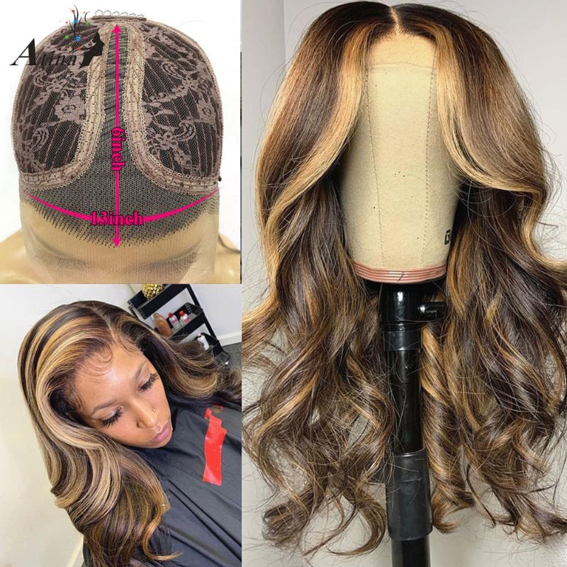 

Pre Plucked Lace Part Human Hair Wig Brazilian Remy 6inches Deep Part Ombre Highlight Colored Glueless Wig With Bay Hair Atina, As pic