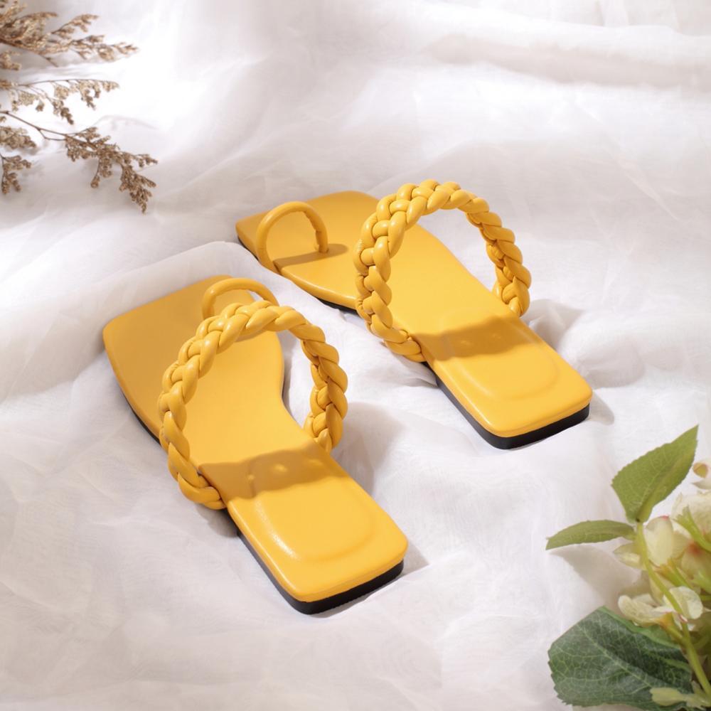

2021 Large 42 Female Slippers Fashion Narrow Band Slides Toe Open-foot Flat Beach Open Yellow Sandals Shoes 84cz