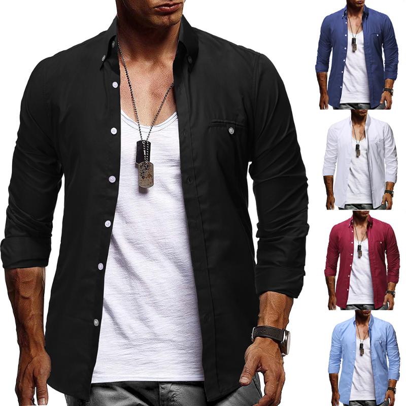 

Men's new brand fashion personality leisure business long sleeve plain color shirt men shirt long sleeve men dress, Black