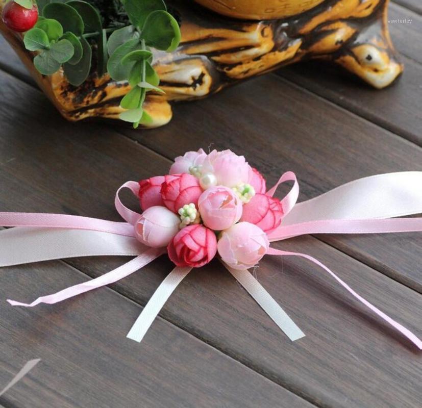 

Wrist Flower Rose Silk Ribbon Bride Corsage Hand Decorative Wristband Bracelet Bridesmaid Curtain Band Clip Bouquet B143-61, Pink