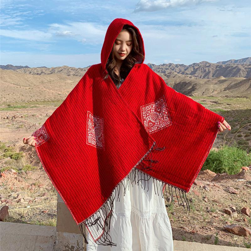 

Travel Photo Cloak Big Shawl Female Autumn Winter Wear Sunscreen Hooded Scarf Red Ethnic Knit Coat Luxury Designer Women Shawl1