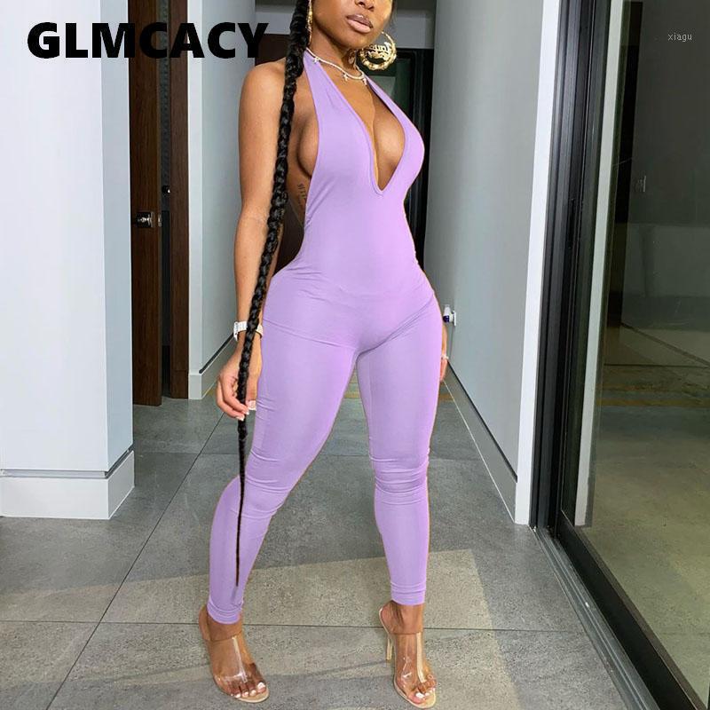 

7 Colors Women Halter Backless Bodycon Jumpsuit Sleeveless Plus Size Solid Slim Plunge V-neck Overalls1, Pink