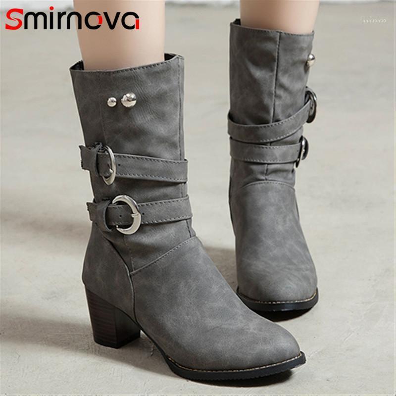 

Smirnova new 2020 autumn winter women mid calf boots buckle slip on round toe shoes high heel boots hot sale woman1, Gray