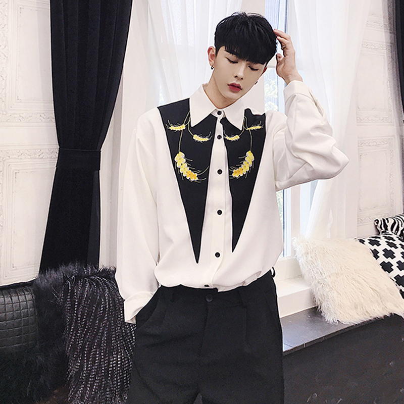 

2021 New Autumn Style Black White Contrast Alternative Loose Embroidered Wheat From Long-glove Shirt Men of Trend. EALM, 11