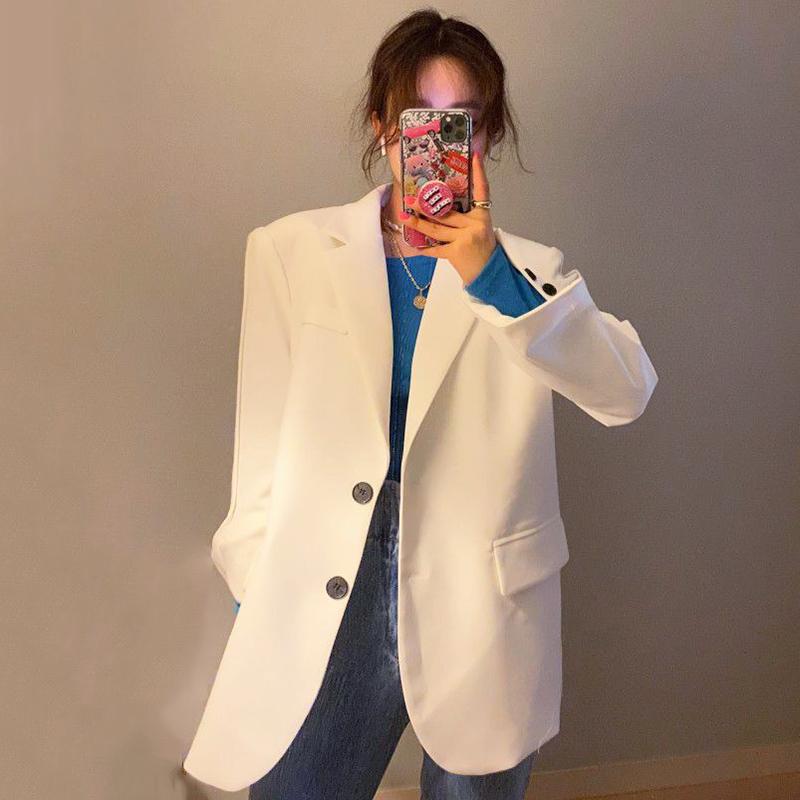 

2021 spring Autumn New Korean Women' Suit Collar Loose Two Button Casual Double Pocket Cardigan Blazer Coats Ladies Z001, Black coat