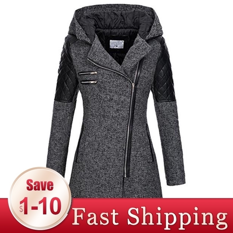 

Women Winter Hooded Coat Autumn Zipper Slim Outerwear Spring Fashion Patchwork Black Female Warm Windproof Overcoats 201104