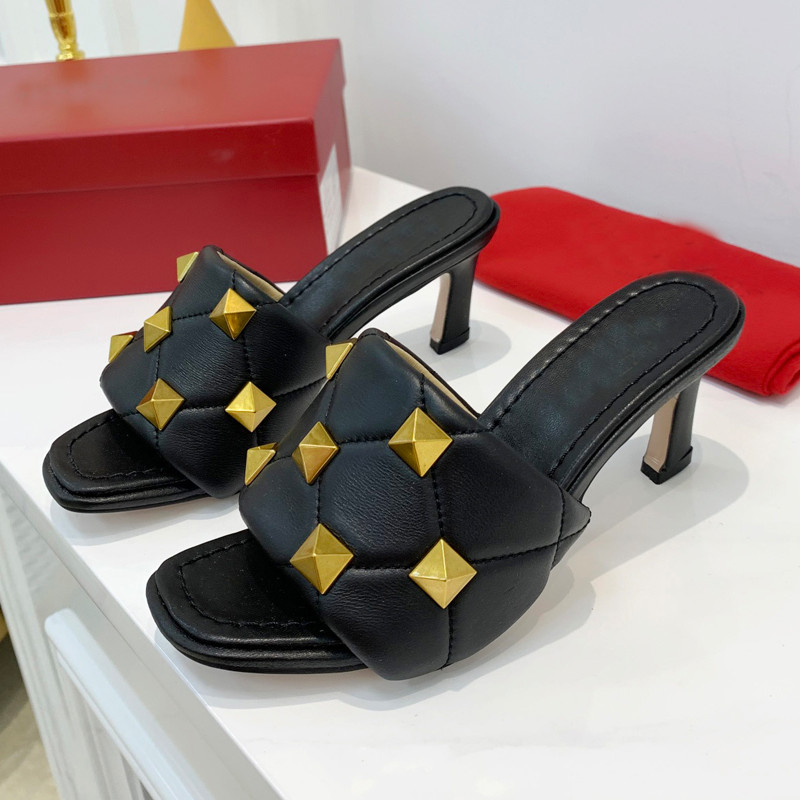 

High quality womens fashion spring and summer new open toe high heel flat heel rivet leather womens half slippers original box size 35-43, Black