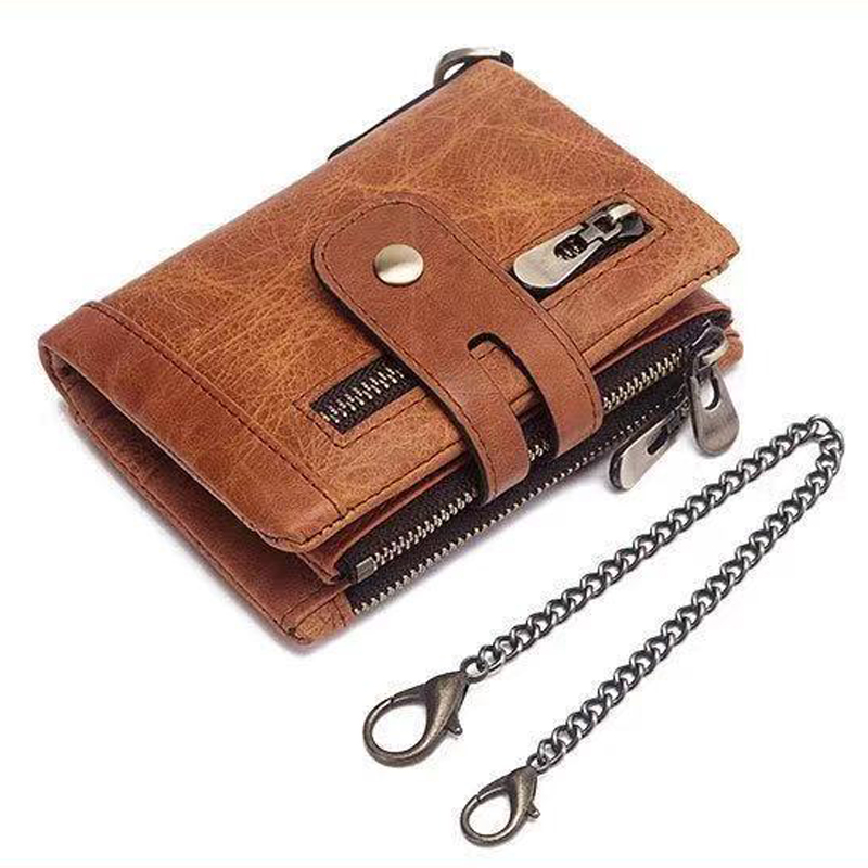 RFID Anti-theft Chain First Layer wallet Oil Wax Cowhide Multifunctional Double Dipper Men's Leather Wallet