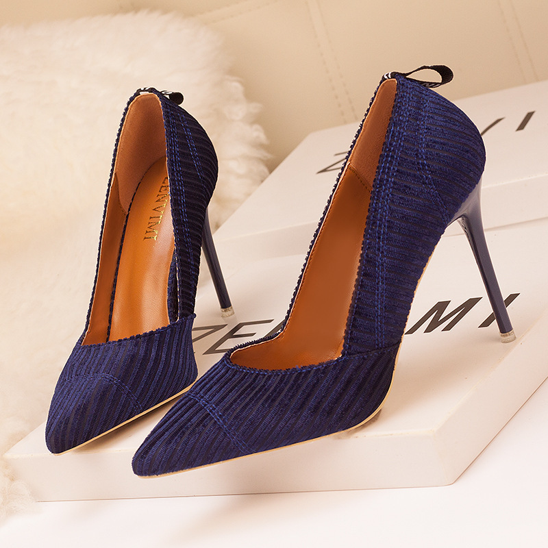 

Women's shoes High heels 10CM Simple striped solid color cord suede shallow mouth pointed sexy nightclub was thin single shoes, Black