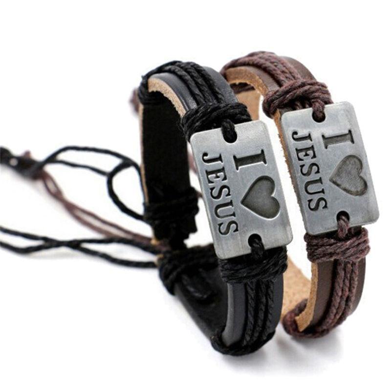 

Charm Bracelets Leather Bracelet For Men I Love JESUS Antique Animal Pendant Rope Chain Charms Wrap Gifts Women