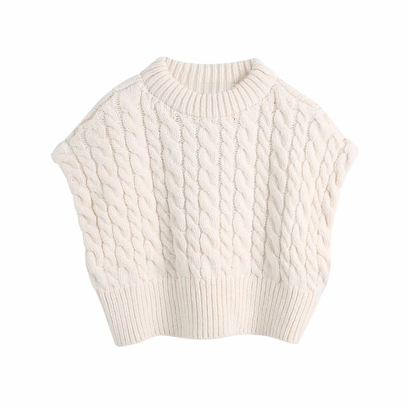 

New 2021  Cropped Sleeveless Vest Women Winter Warm Cable Knit Sweater Female Fashion Knitted Pullover Kma1, Beige