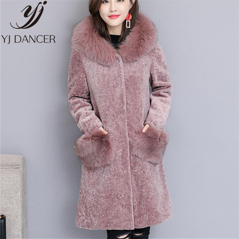 

Winter Warm Fur Coat In The Long Sheep Shearing Coat Female 2020 Winter New Fur Collar One Wool Women CSS337, Black