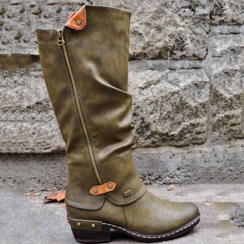 

Women Knee High Boot Leather Boots Round Toe Side Zipper Boots Casual Shoes for Winter Best Sale-WT1, Green
