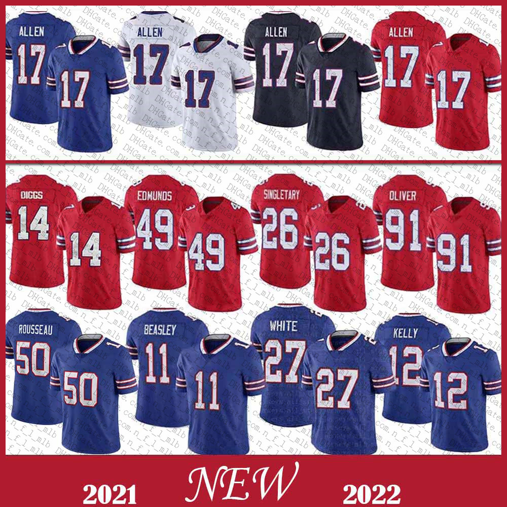 

BUF 14 Stefon Diggs 11 Cole Beasley 17 Josh Allen Football Jersey 27 TreDavious White 12 Jim Kelly 26 Devin Singletary 49 Tremaine Edmunds 5, Black;red