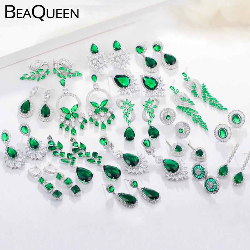 

BeaQueen Classic Big Water Drop Green Crystal Long Hanging Earrings Oval Round Heart Cubic Zirconia Women Wedding Jewelry E292